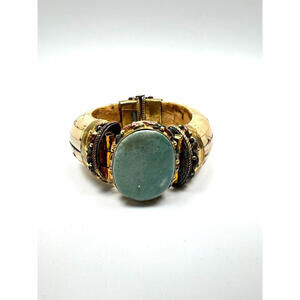 Vintage Bone Inlay Bracelet Turquoise Cabochon Hinged Boho Statement